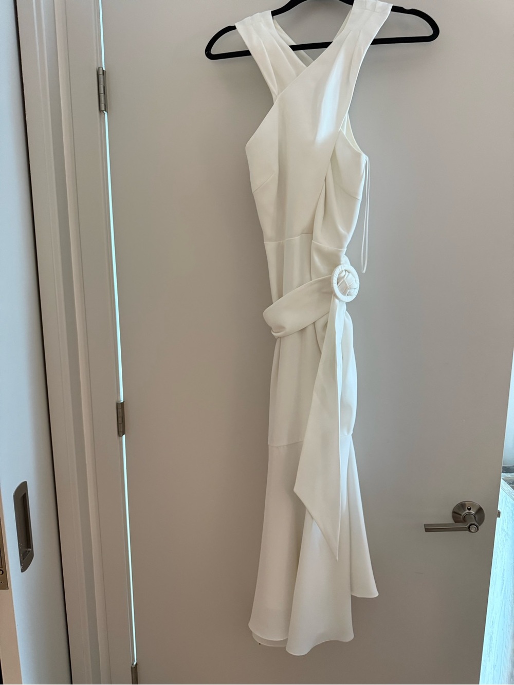 Sachin + Babi Ivory Cross-Front Midi Dress with Belt Detail